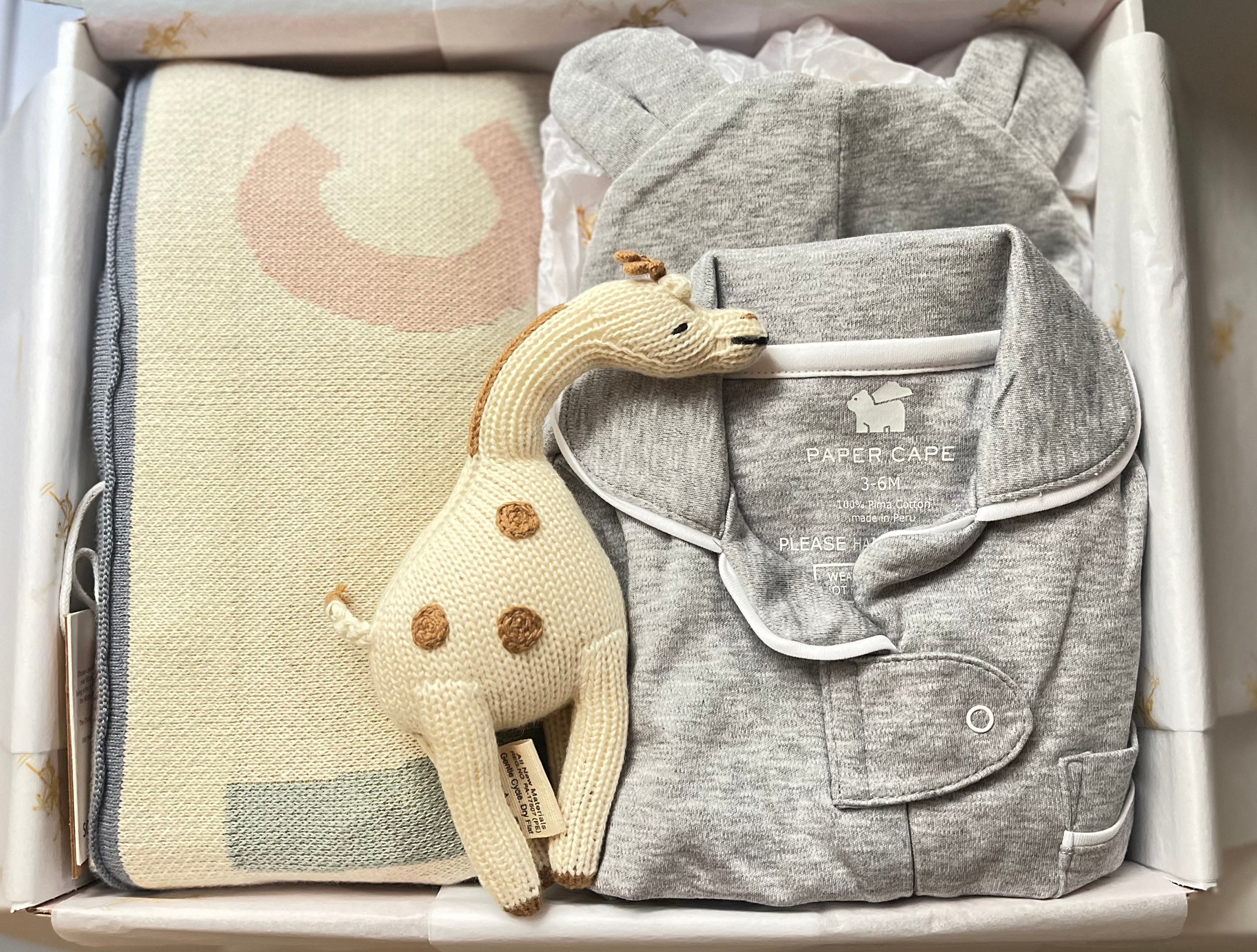 Alphabet Blanket, Heather Grey Pajamas, Bear Ear Beanie and Giraffe Rattle