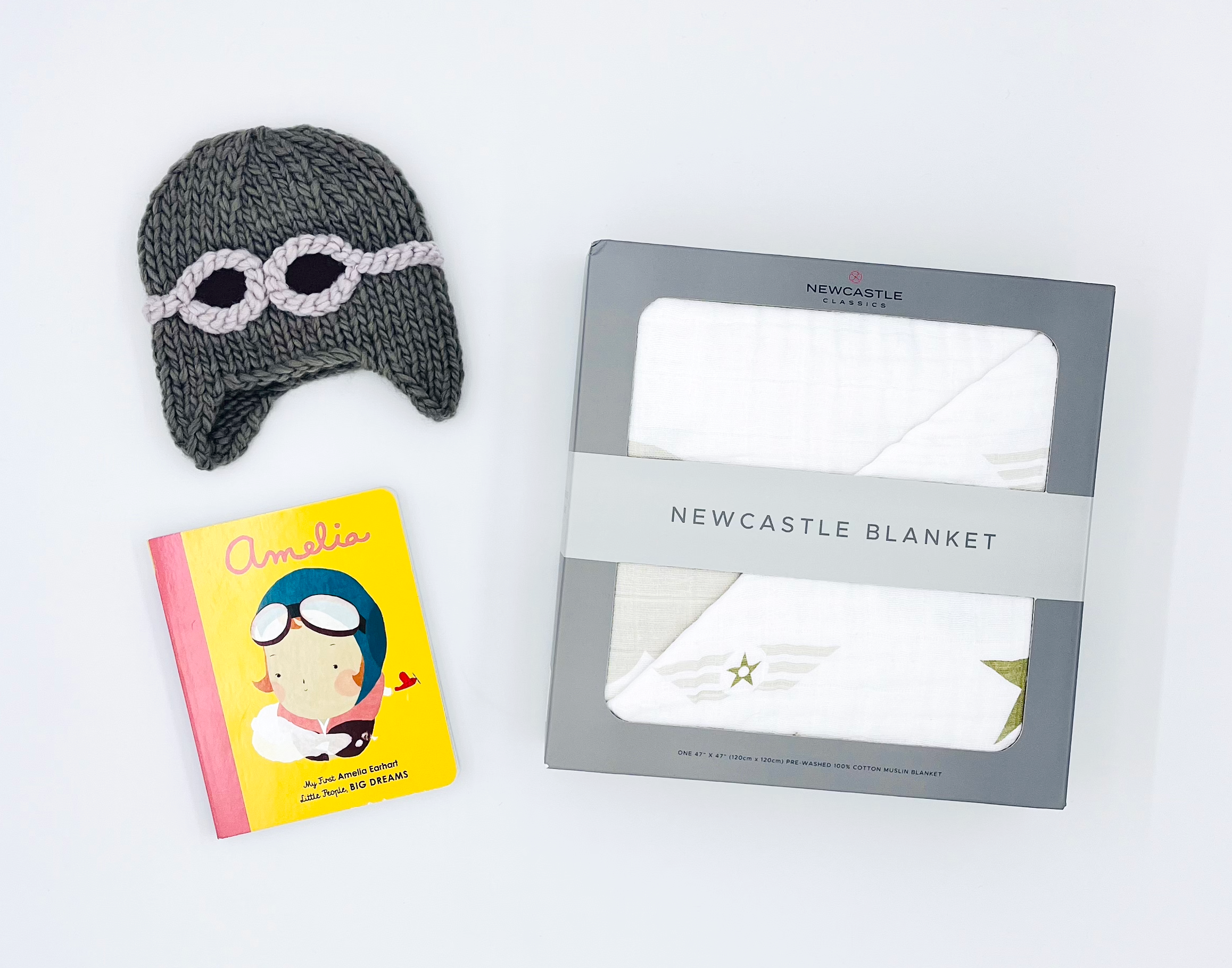 Amelia Book, Aviator Knit Hat and Flying Elephant Blanket