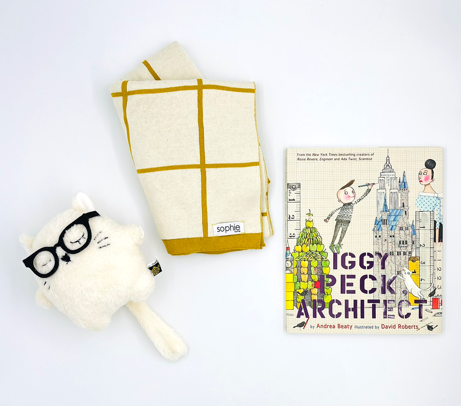 Iggy Peck- Architect book, Ricemono Plush Toy and Grid Blanket