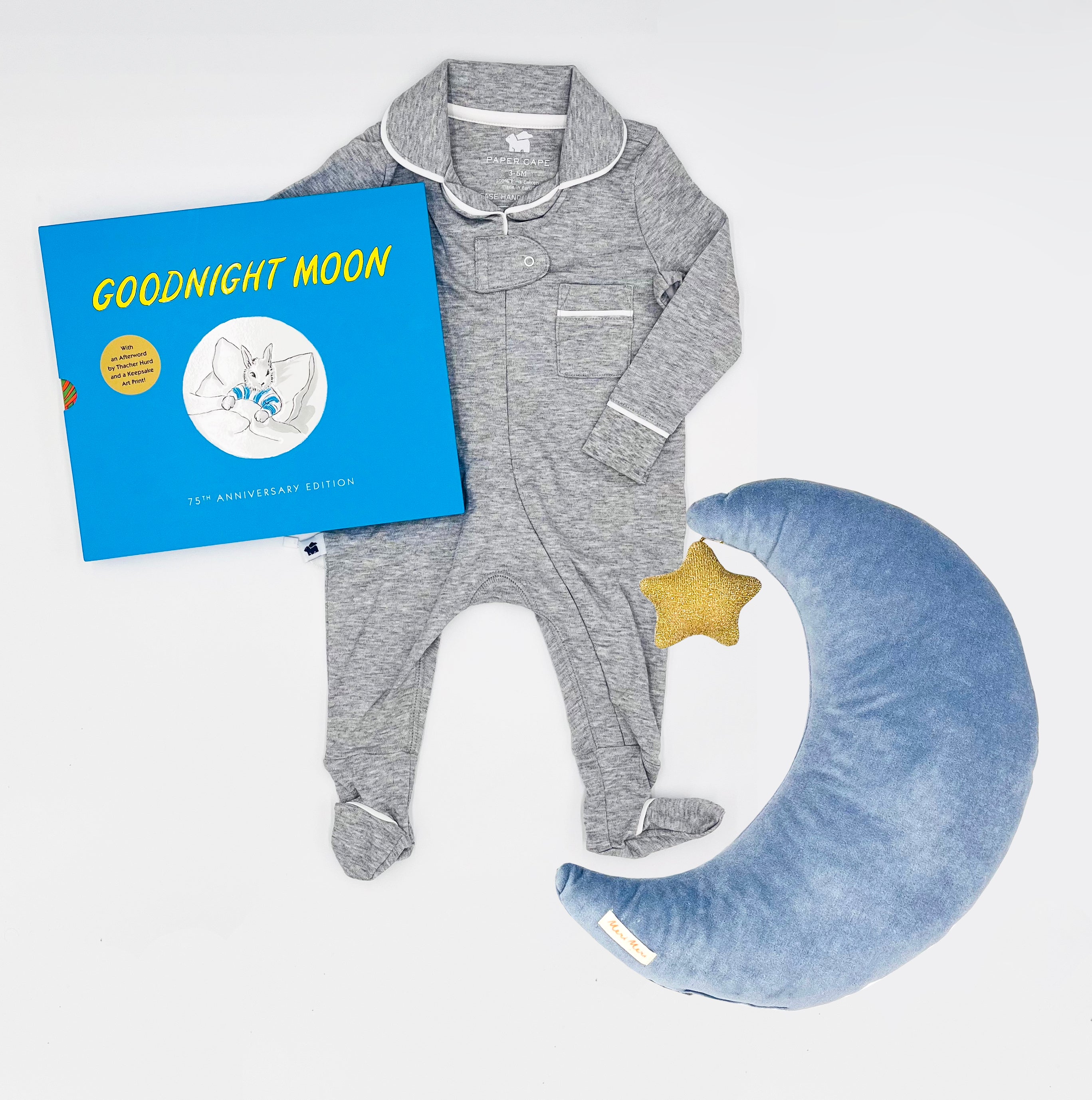 Goodnight Moon, Grey Pajamas and Velvet Moon Cushion Set