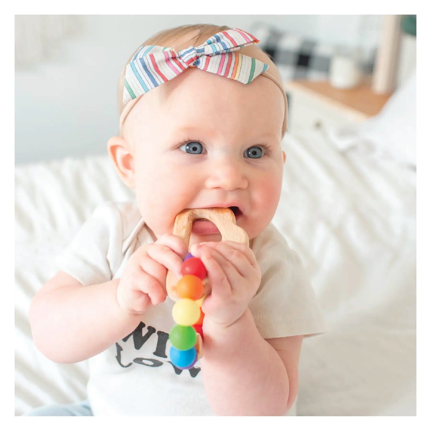 Rainbow Teether Toy for Babies - Silicone & Wood, Handmade