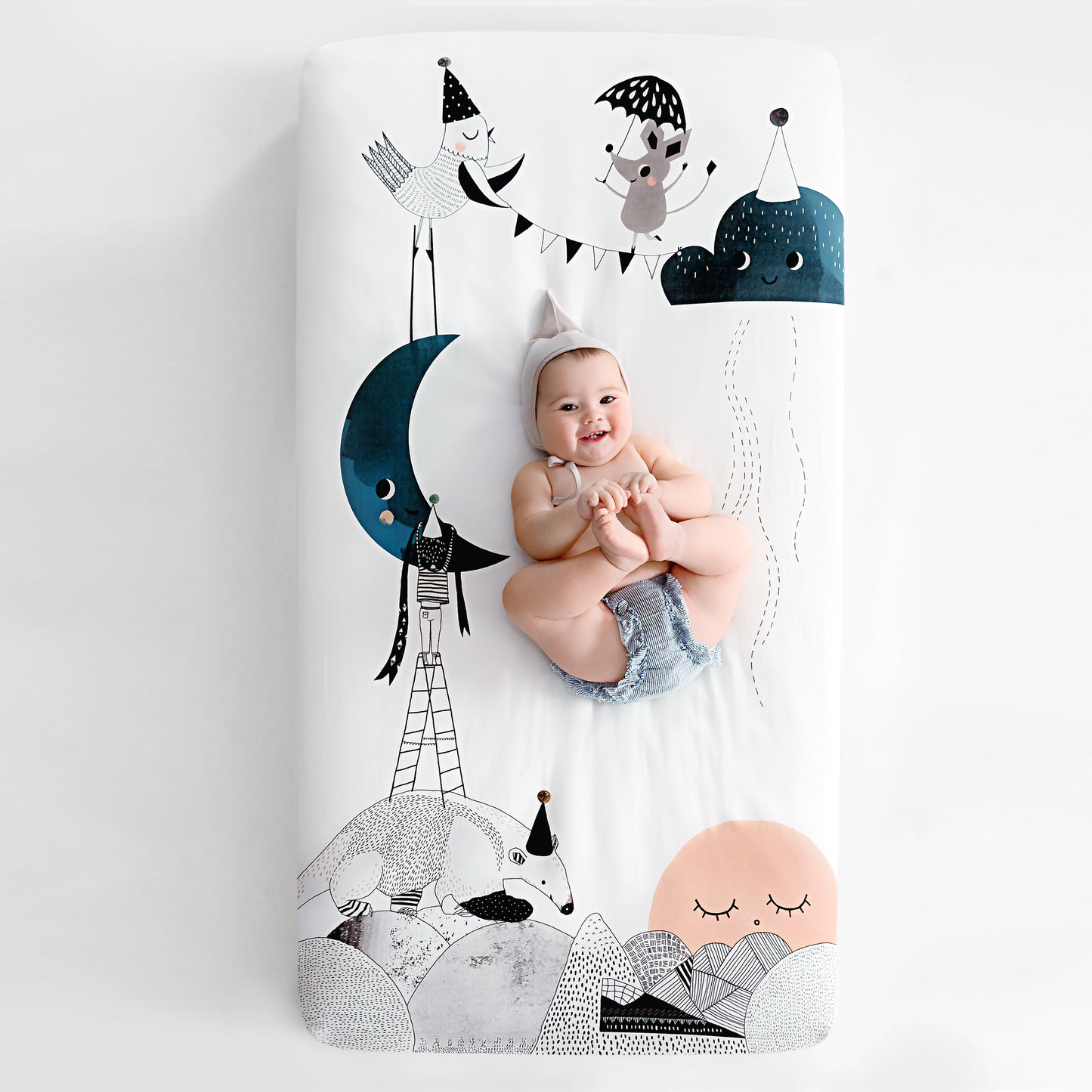 Peekaboo Moon, Moon & Stars Swaddle and Moon's Birthday Crib Sheet