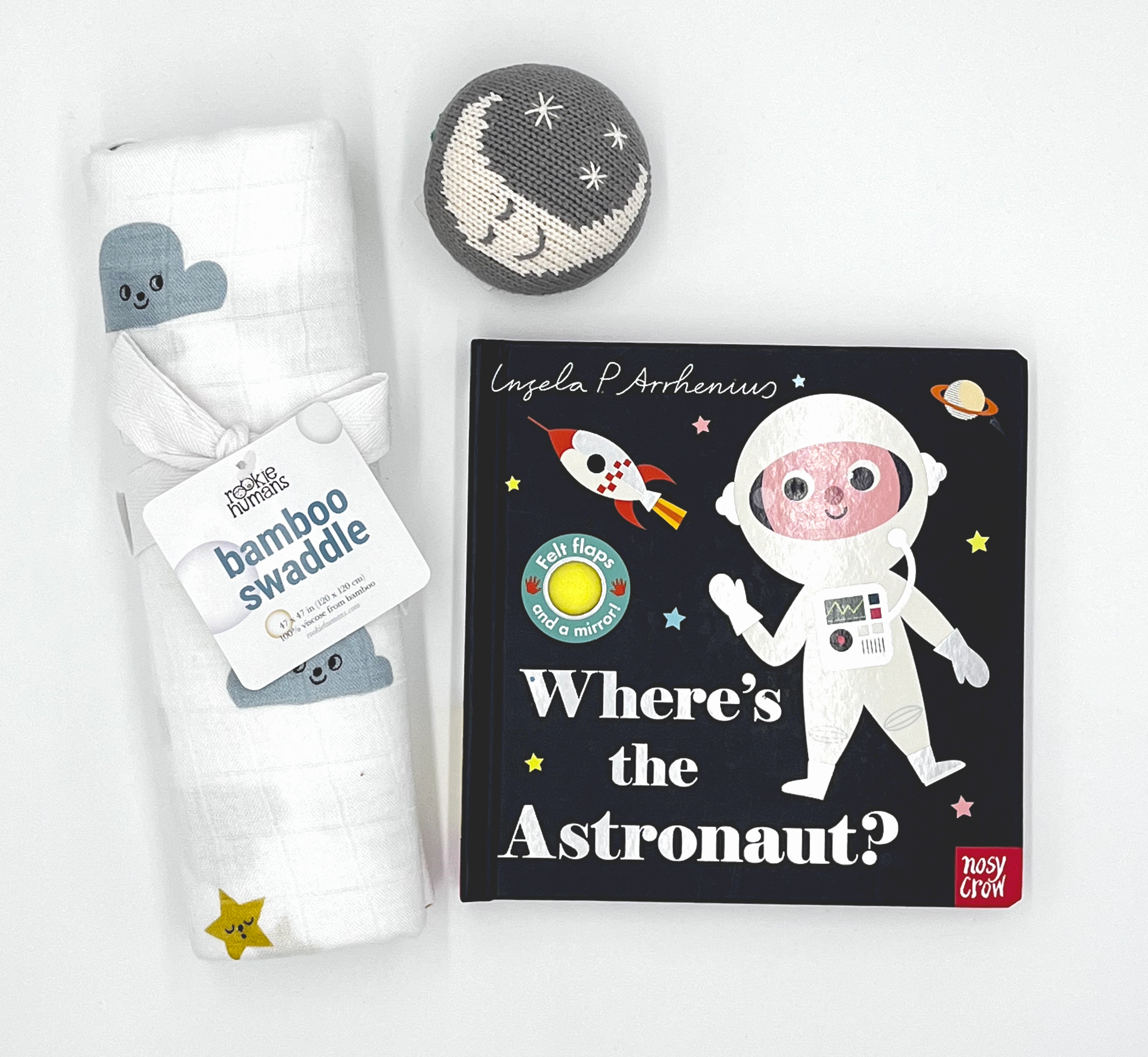 Where's the Astronaut, Moon & Stars Swaddle and Sleeping Moon Rattle