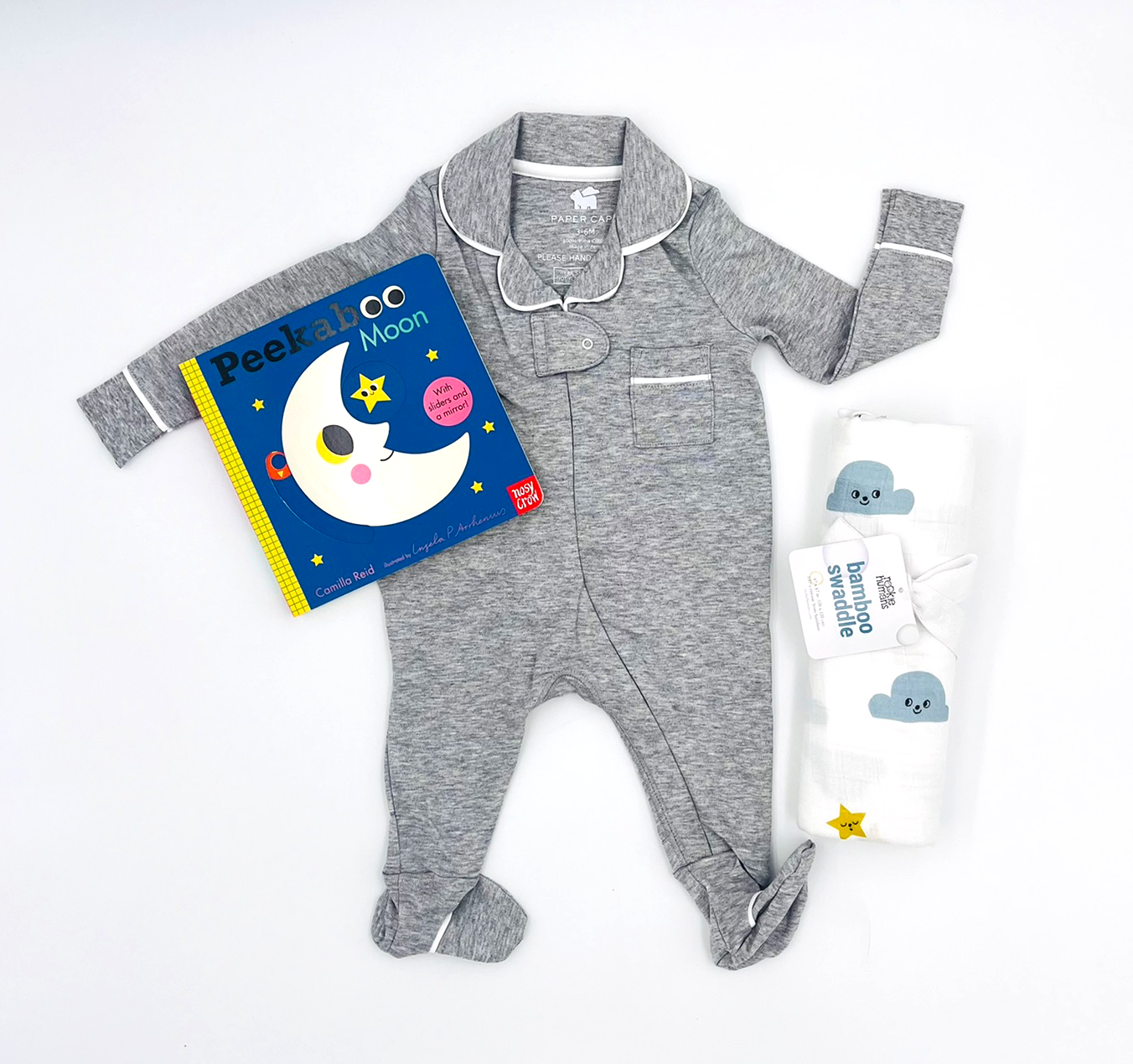 Peekaboo Moon, Moon & Stars Swaddle and Grey Pajamas